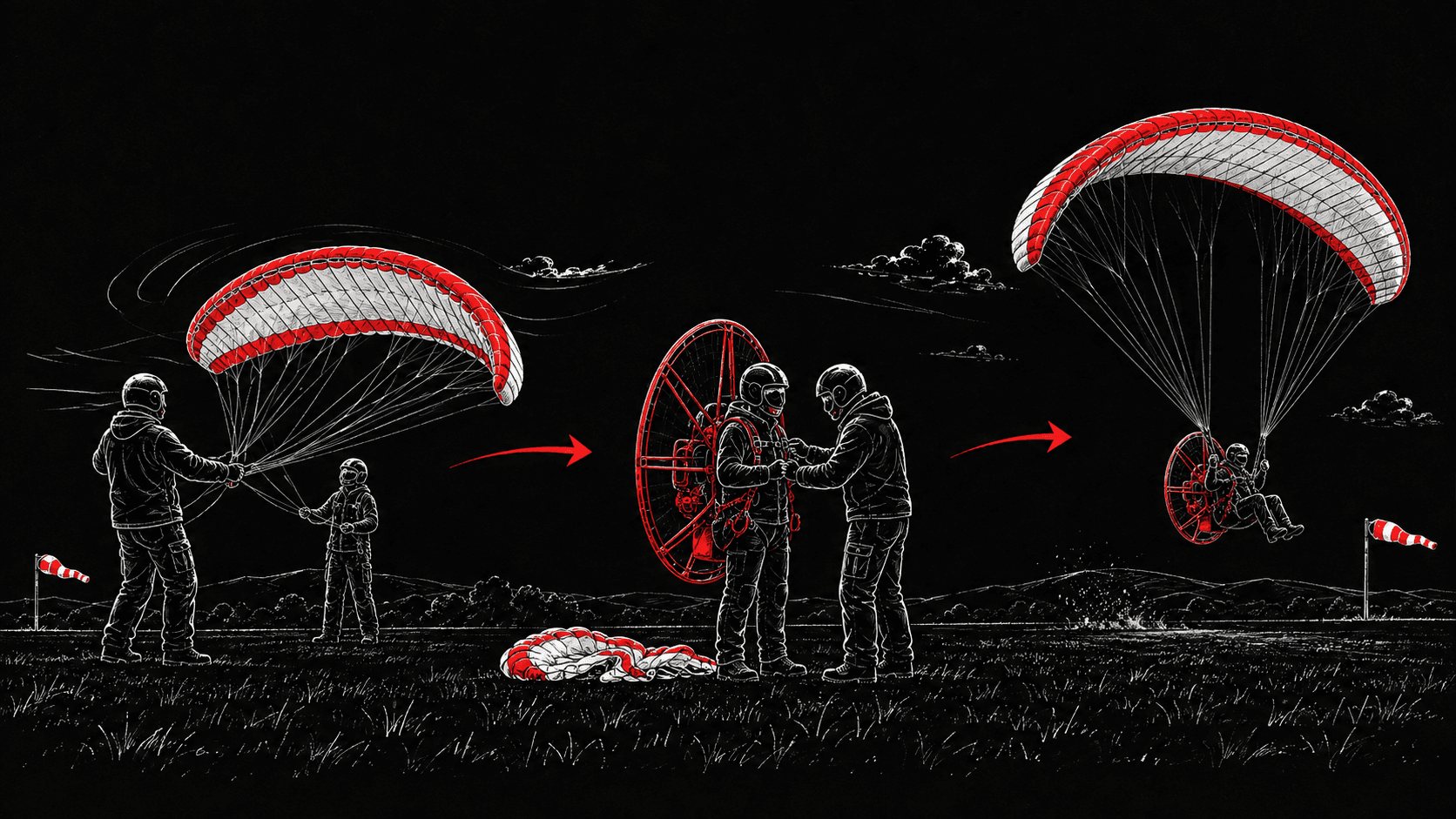 Ilustrace výcviku od práce s křídlem po první let