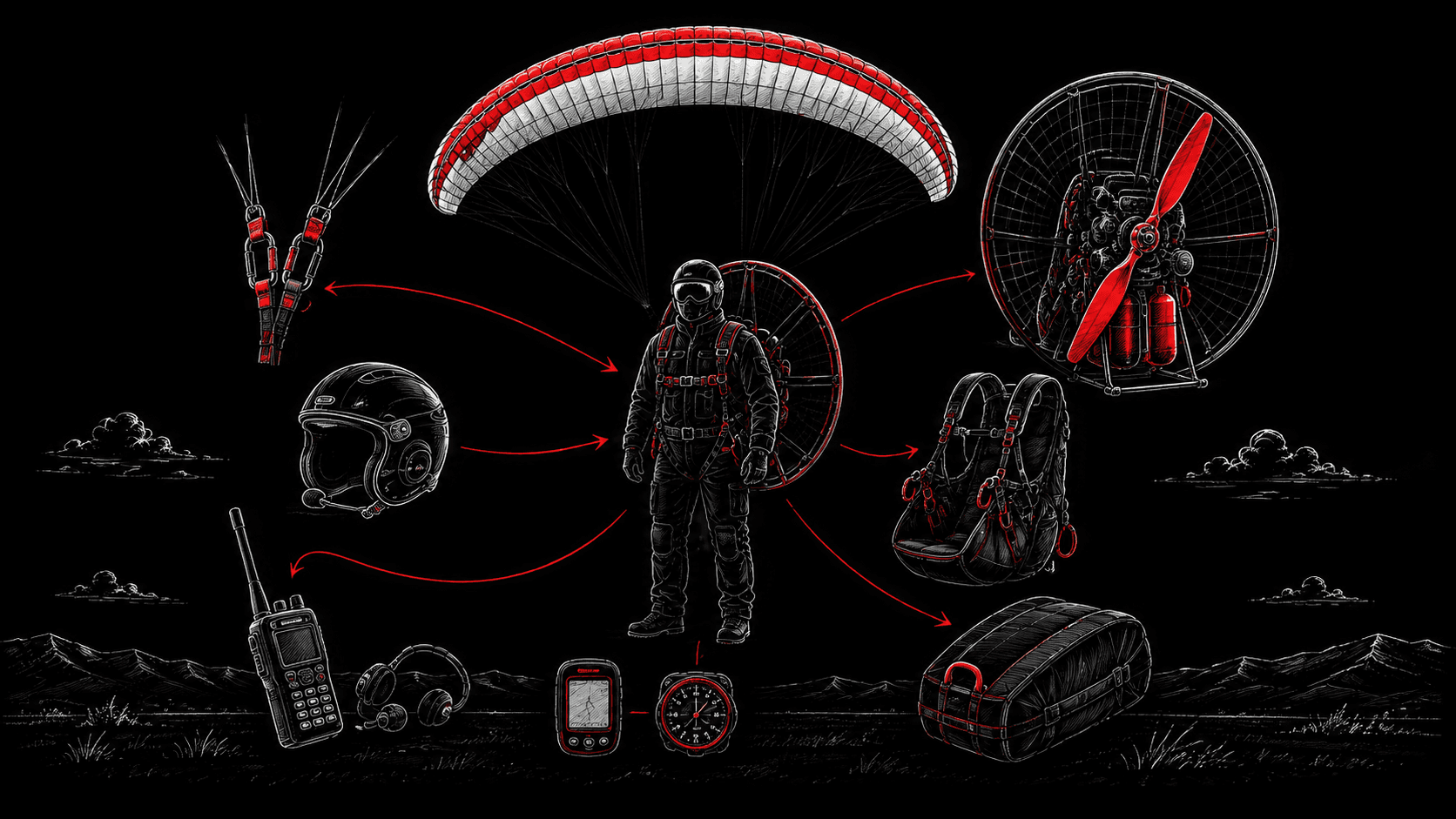 Ilustrace kompletní výbavy pilota motorového paraglidingu