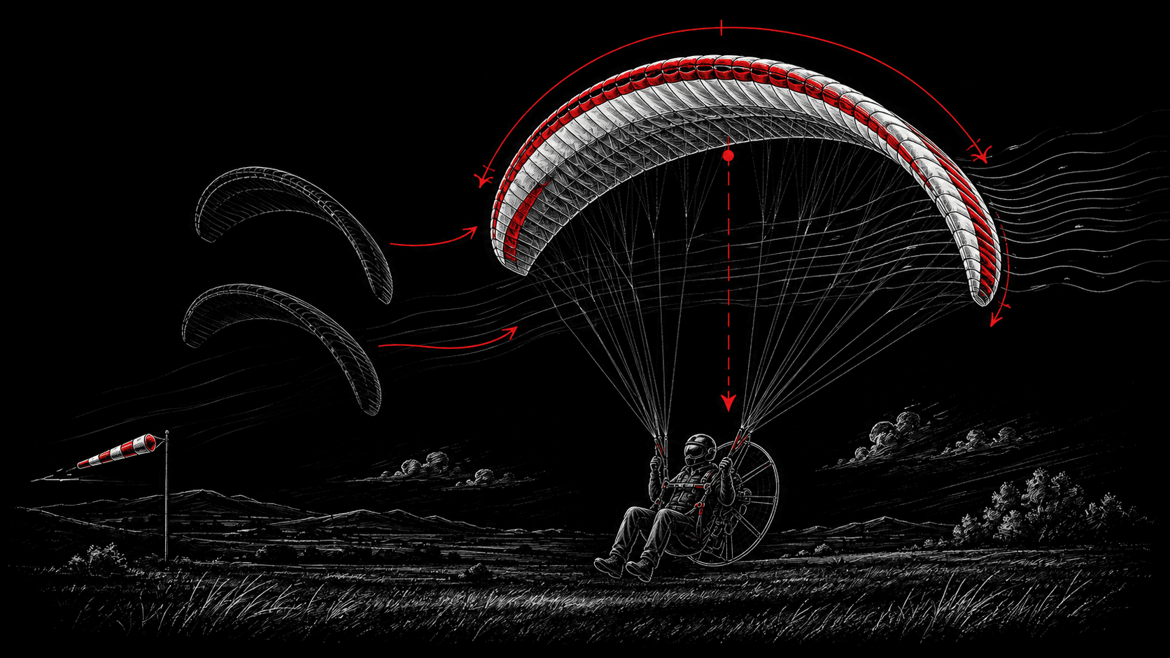 Ilustrace výběru paramotorového křídla podle zatížení a proudění