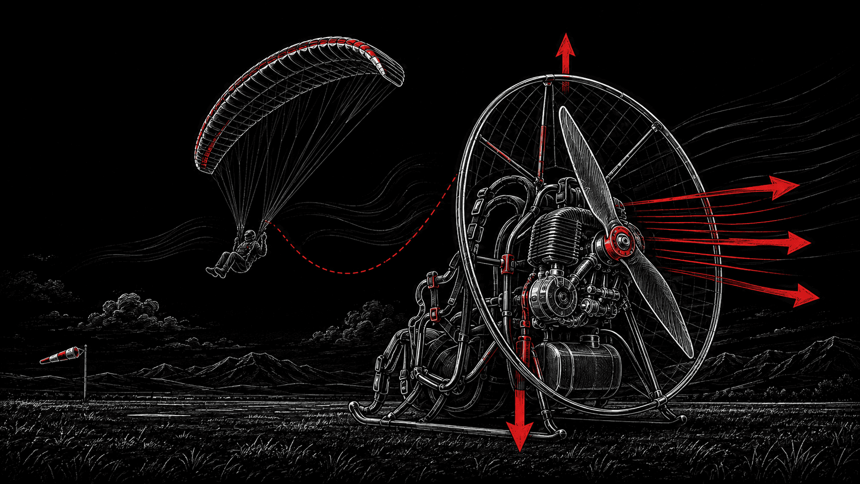 Technická ilustrace paramotoru s vrtulí, tahem a křídlem