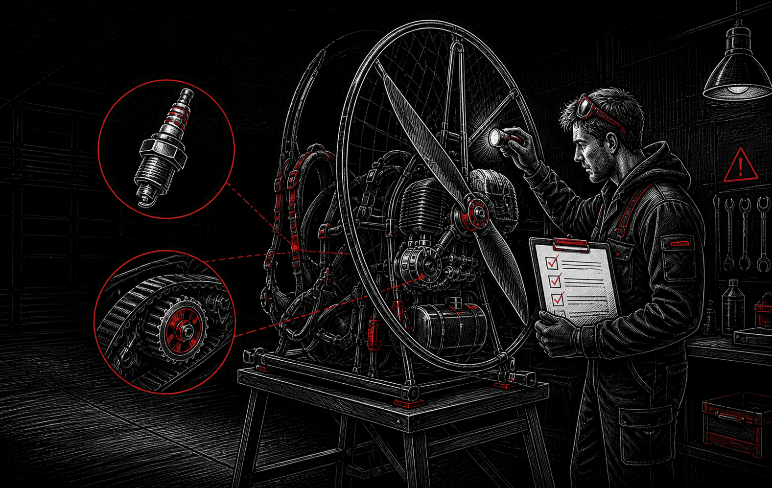 Ilustrace technika při kontrole a údržbě paramotoru