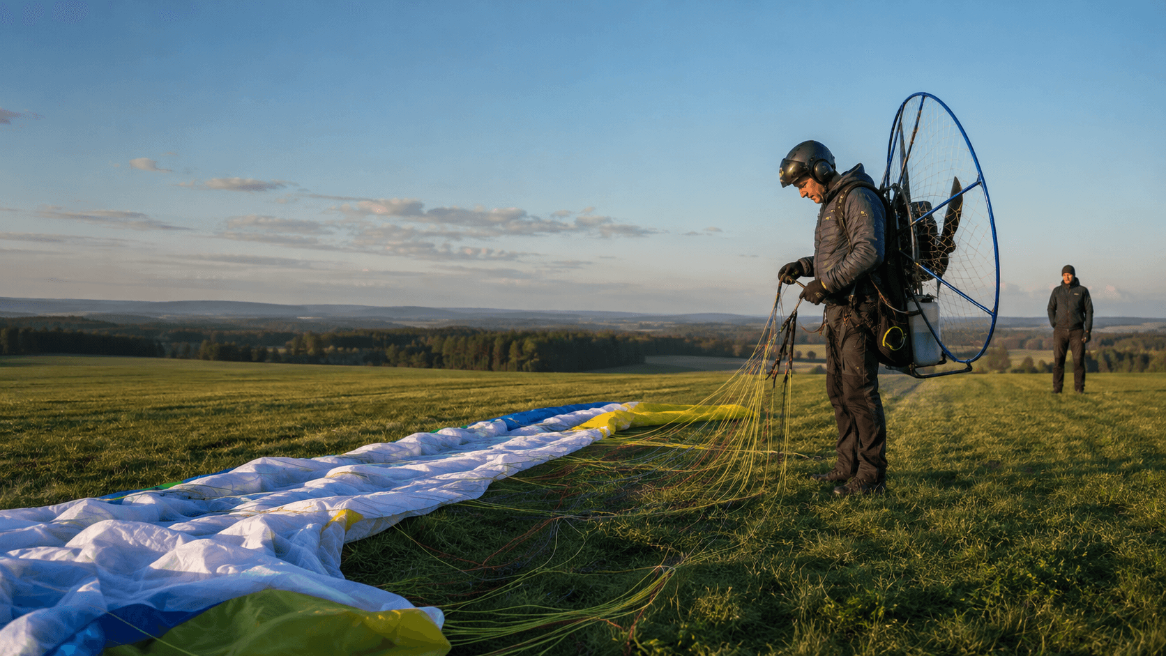 Dočasný koncept fotografie výcviku motorového paraglidingu