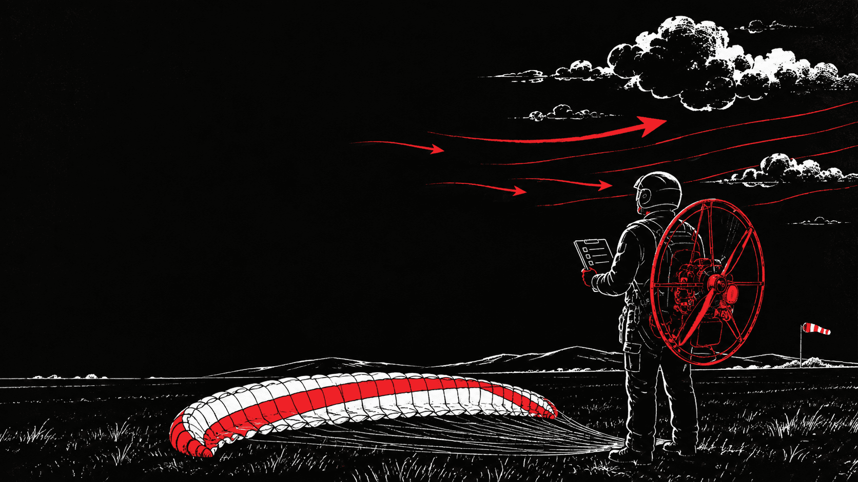Ilustrace předletové kontroly, větru a rozhodnutí o bezpečném letu